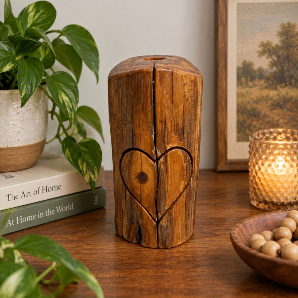Vintage Richard Rothbard Wood Heart Candlestick Sculpture Romantic Gift 1970s